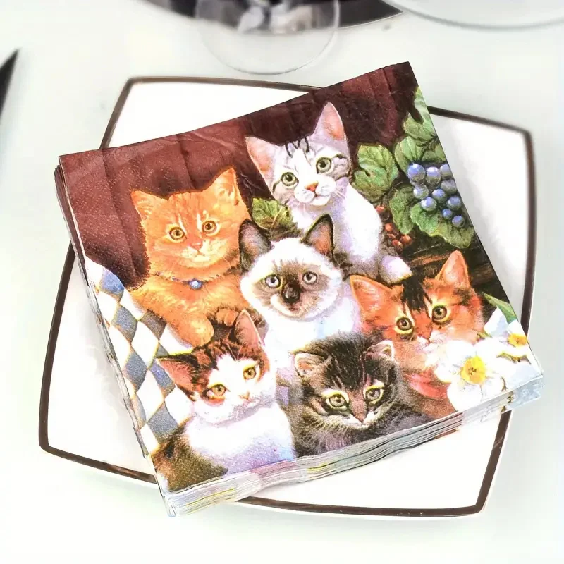 20pcs Restaurant printed cat napkins, cute kitten square animal decorative tissue, tissue board decoration, holiday scene decora