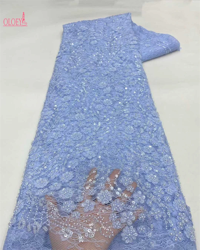 

OLOEY Luxury Sky Blue French Tulle Lace Fabric Sequins Beads Nigerian Groom 2025 High Quality Bridal Dress Fabric