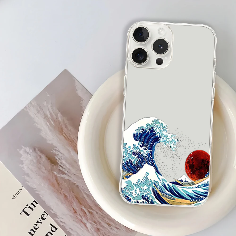 The Kanagawa surf Great Blue Wave Phone Case for iPhone 12 11 13 14 15 16 Max Pro Plus Transparent Soft Shell