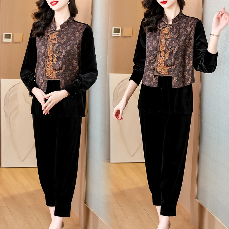 Autumn Black Velvet Long Sleeve Top Coat+Pants Skirt Two Piece Sets 2024 Female Chic Patchwork Beading Ruffled Pants Suits