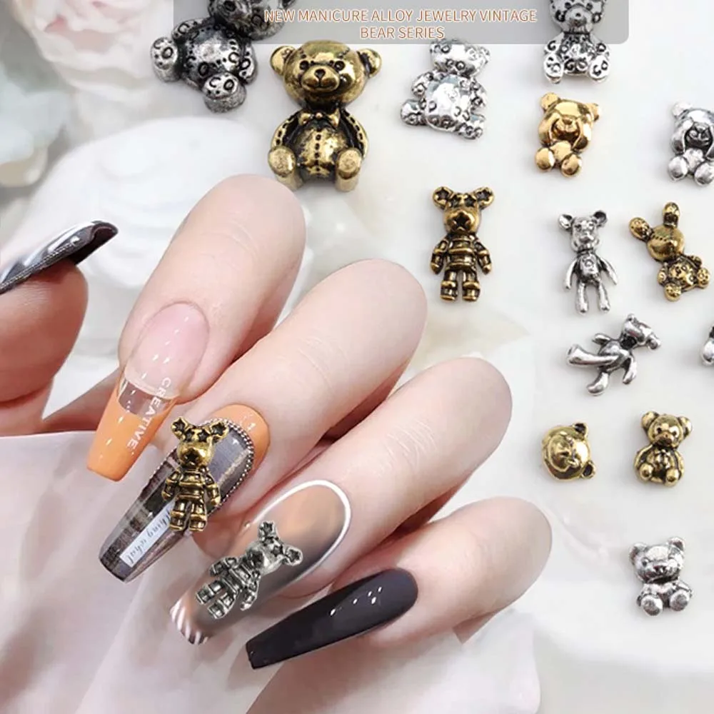 20pcs Alloy Skull Bear Nail Art Charm 3D Retro Metal Gold/Silver Multi-shape Bear Nail Decoration DIY Luxury Nail Accessories