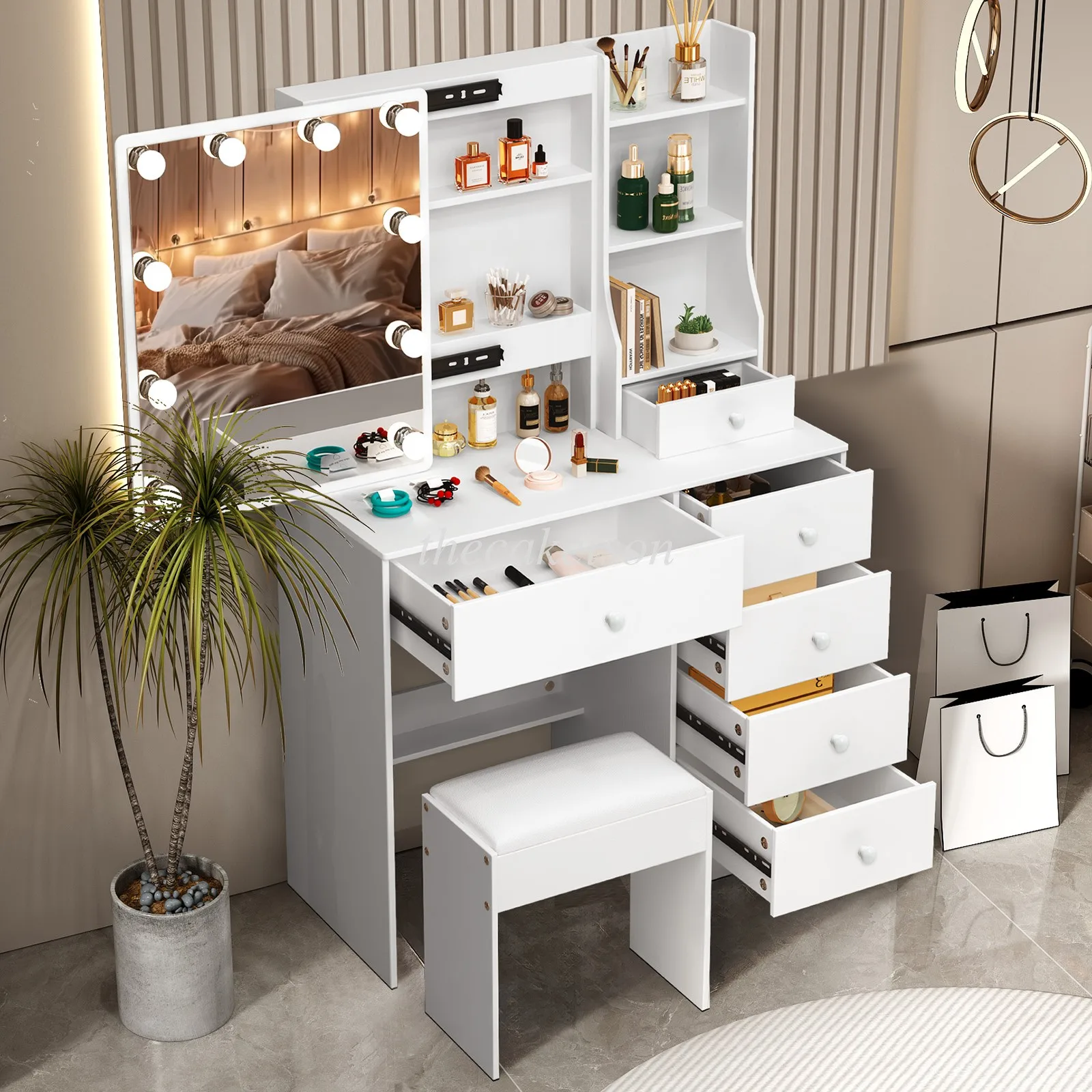 Tocador de maquillaje Escritorio de tocador de maquillaje iluminado LED con 6 cajones y taburete para clientes de EE. UU.
