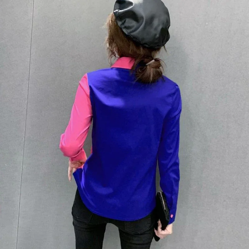 Spring Polo-neck Contrast Color Slim Shirt Female Long Sleeve Patchwork Casual Fashion Buttons Blouse Women Cardigan Top X750