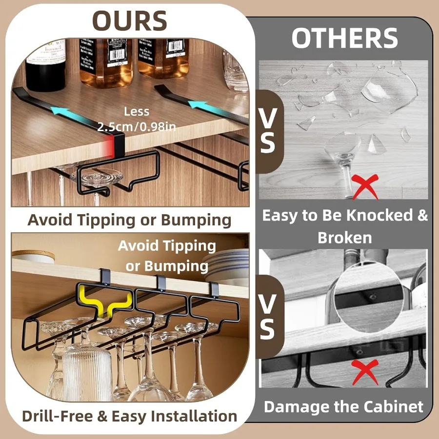 Wine Glass Holder 2PCS Stemware Rack Hanger Under Cabinet Wine Glass Rack Kitchen Hanging Glass Storage Rack OrganizerBlack