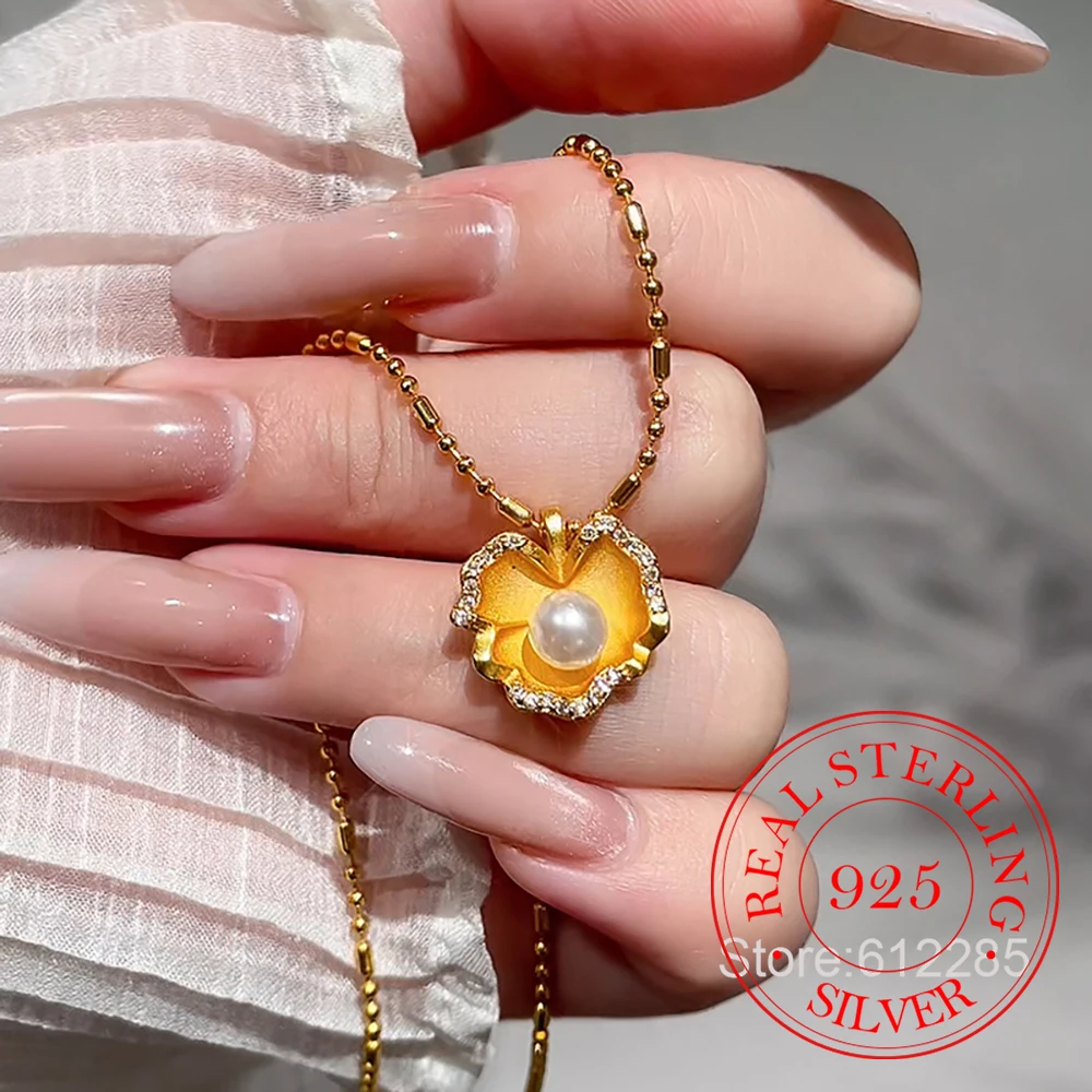

925 Sterling Silver Exquisite Zircon Crystal Flower Pearl Pendant Necklace For Women Choker Chain Wedding Party Jewelry Gift