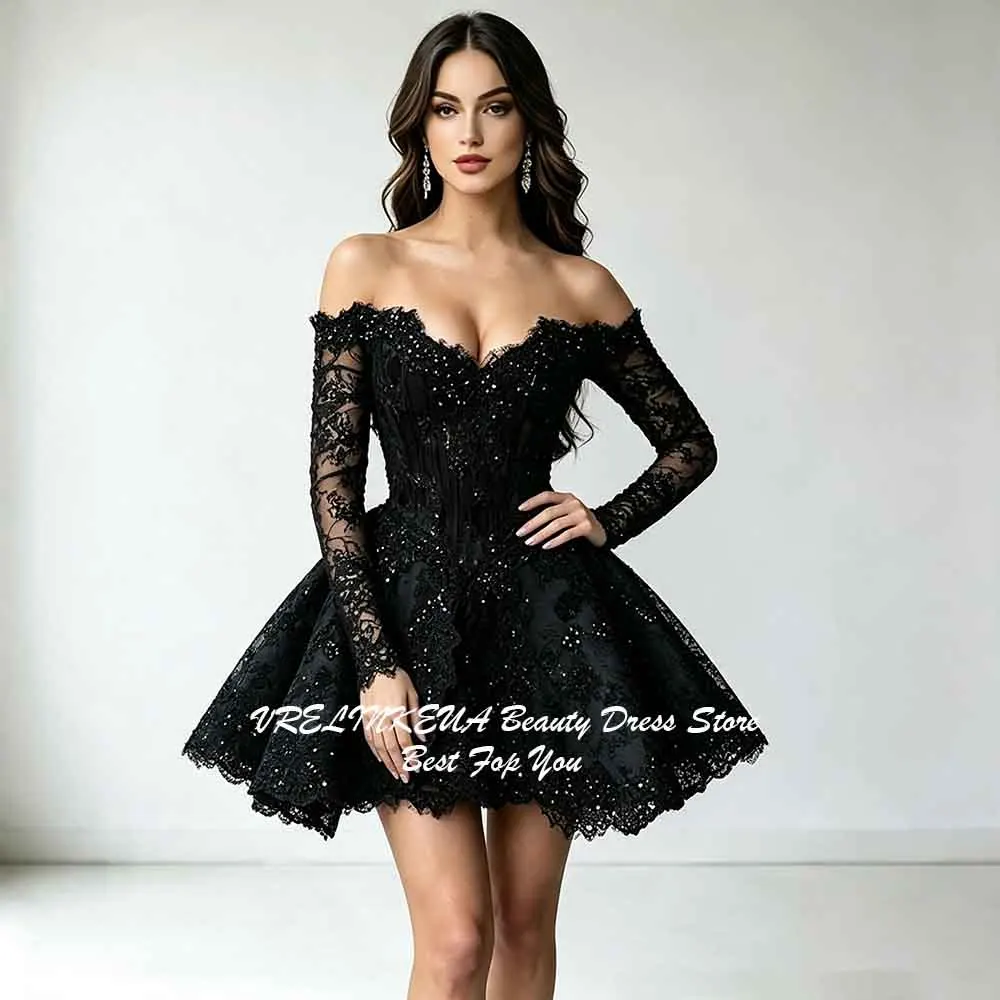 Black Lace Appliques Graduation Dress Long SLeeves Mini Homecoming Dresses For Teens Customized A Line Short Cocktail Prom Dress