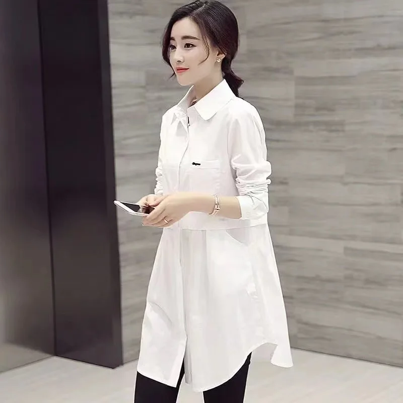 All-match Button Solid Midi Shirt Female 2023 Spring Autumn New Korean Fashion Spliced Loose Long Sleeve Polo-Neck Blouse