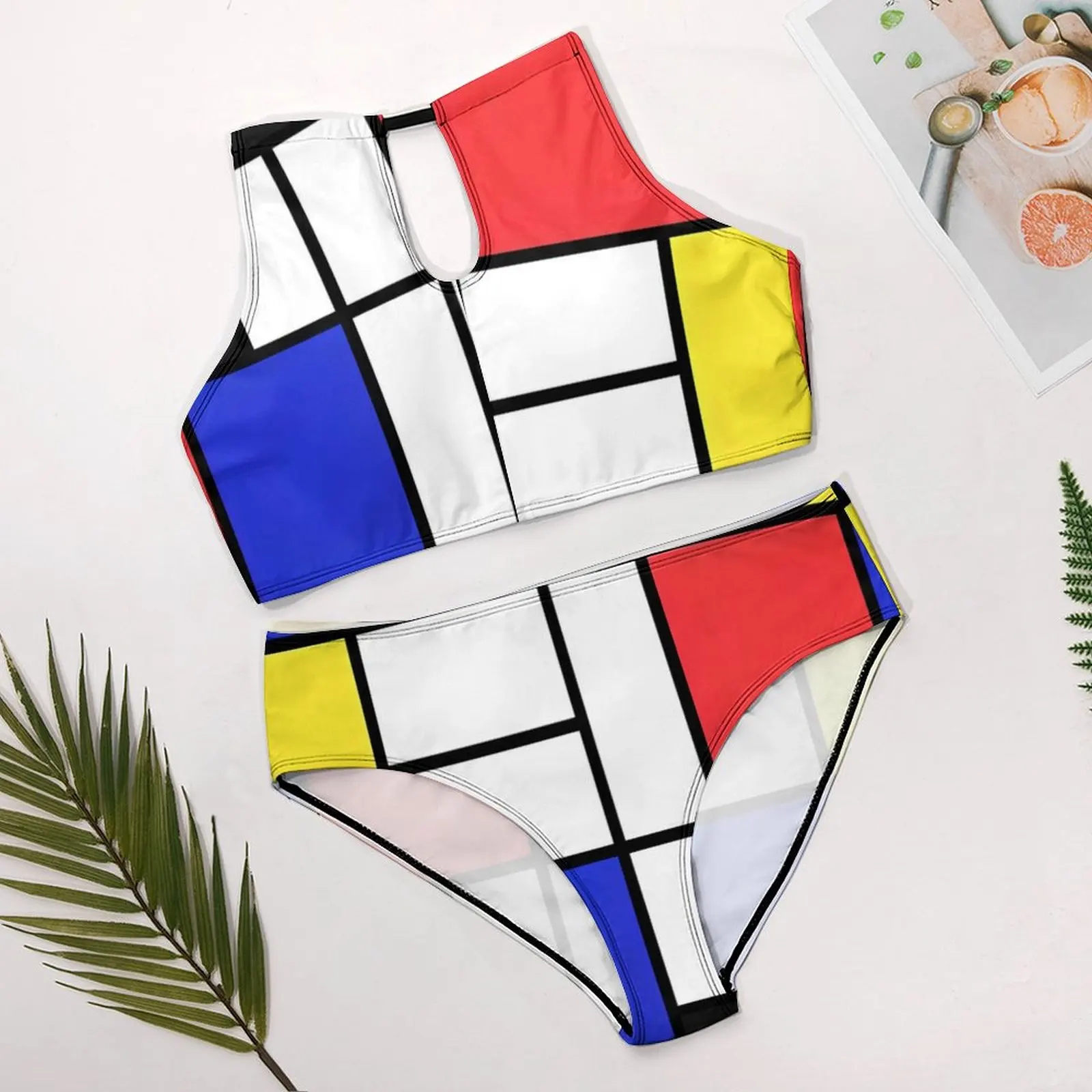 Mondrian 여성용 비키니 수영복, 체커보드 프린트 수영복, 섹시한 푸시업 트렌드 비키니 세트, 서핑 하이컷 수영복