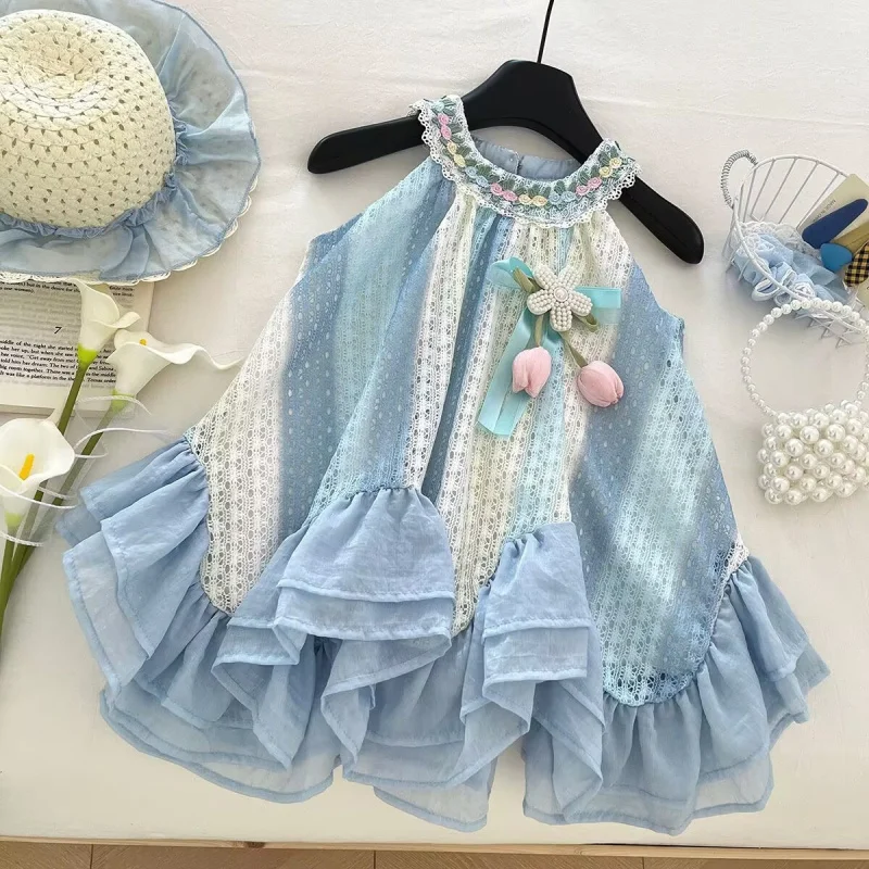 

Summer Girls' Dress2025New Lace Hollow Out Sleeveless Halter Princess Dress for Baby Girls Holiday Style Dress