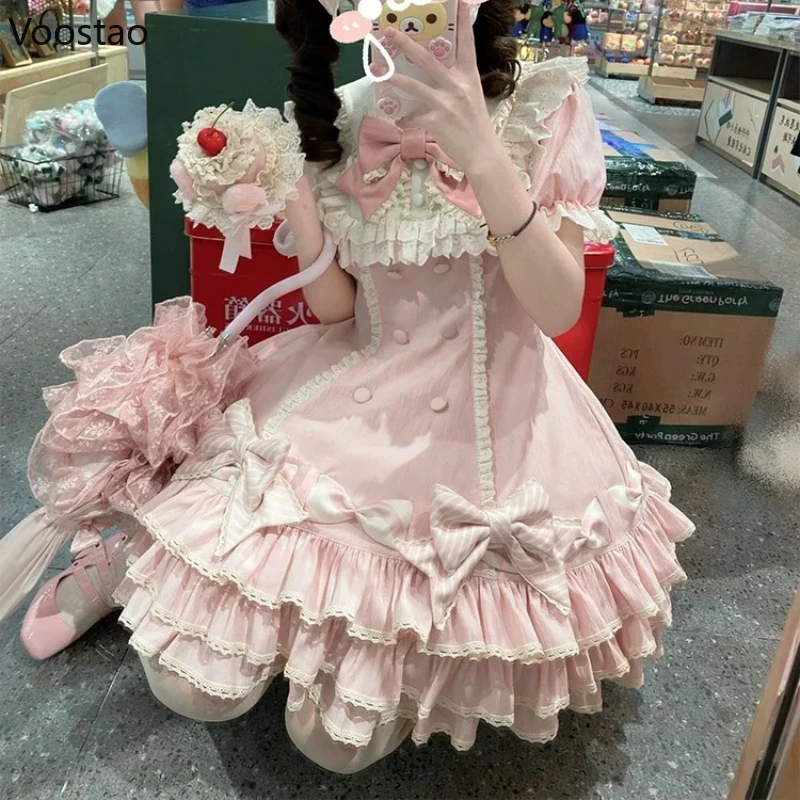 Japanese Sweet Lolita OP Dress Women Vintage Kawaii Lace Puff Sleeve Bow Princess Party Dresses Girl Y2k Cute Evening Cake Dress