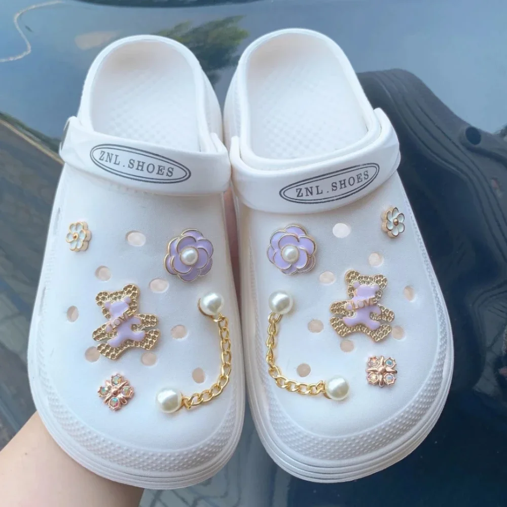 

Shoe Charm DIY Cute Purple Gold Border Bear Pearl Chain Shoe Decoration Buckle Charms Hole Shoes Accessories