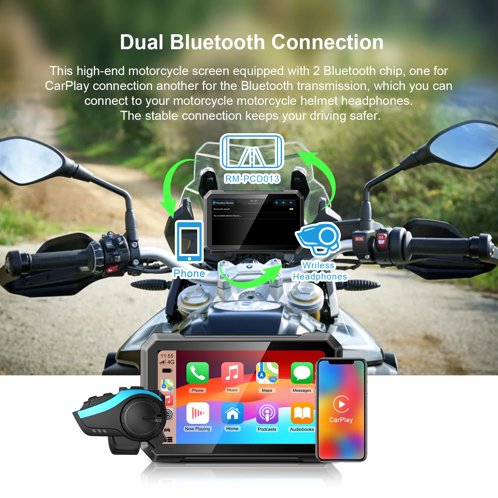 Motorcycle Carplay GPS 7 inch External Navigation Waterproof Display Wireless Android Auto IPX7 GPS Screen with Light Sensing