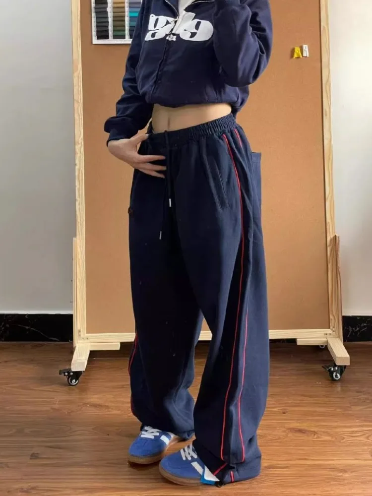 هوتشو خمر فضفاض أسود دافئ Sweatpants امرأة Y2k مخطط الكورية موضة سميكة السراويل الرياضية Harajuku بنطلون الشتاء الخريف