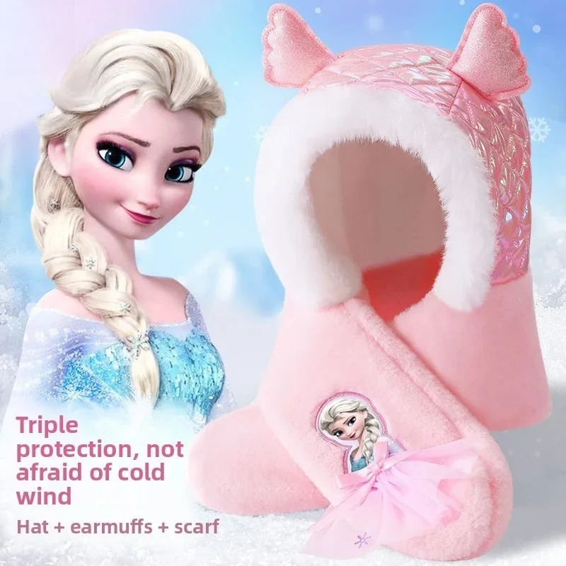 

Зимняя шапка Диснея, шарф, интегрированная зима 2023, новинка бархатной принцессы Эльзы для девочек, осень и зима для детей и женщин