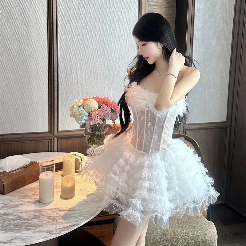 

Sexy Strapless Fishbone Lace Tulle Puffy Skirt Evening Dress Sweet Fairy Atmosphere Dress High Waist Knitted Cotton Cake Skirt