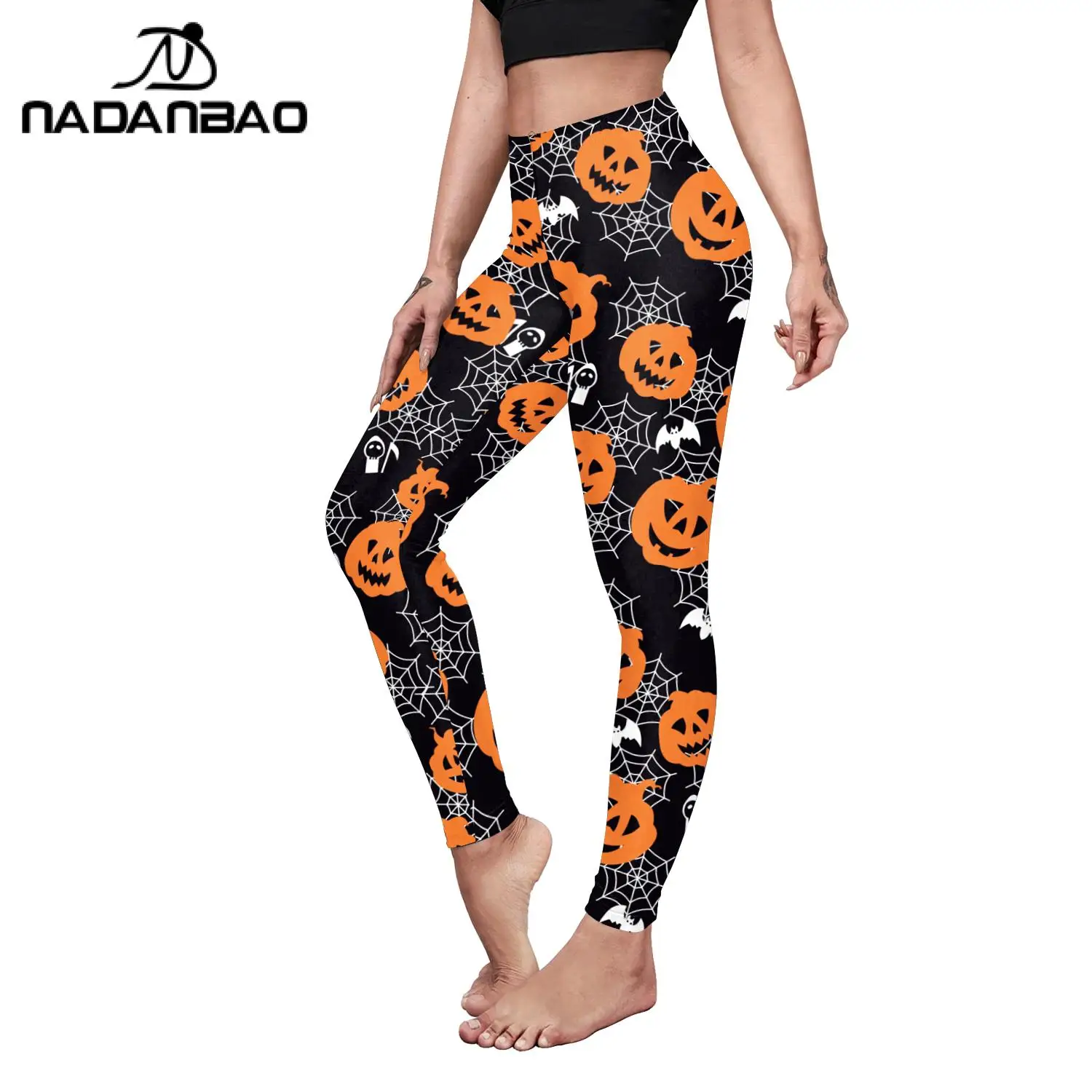 Nadanbao Sexy Gym Leggings Middle Waist Elastic Pumpkin Smiling Face Printed Pants Leggings Female New Disign Hot Sale