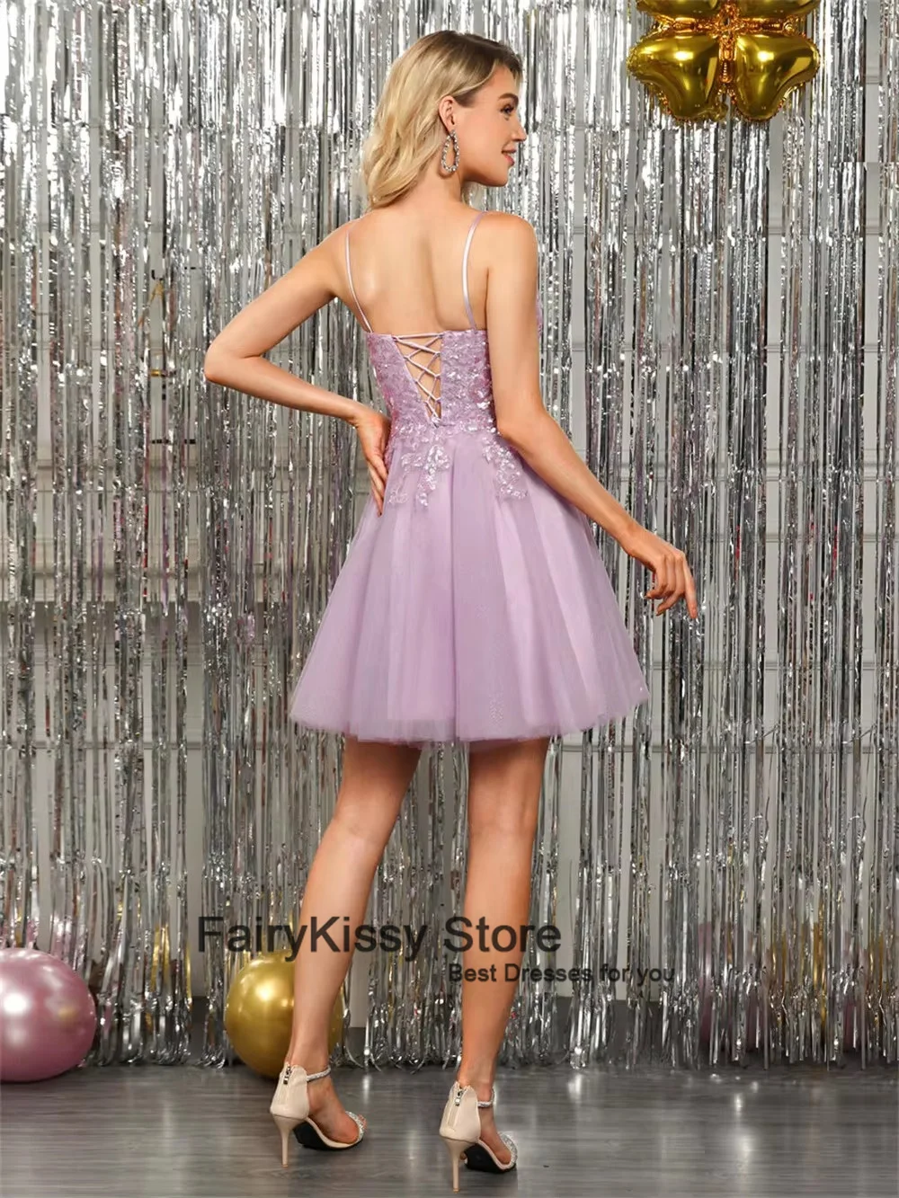 FairyKissy Spaghetti Straps V-Neck Homecoming Dresses Lace Appliques Corset Sleeveless Prom Gowns A-line Short Graduation Dress