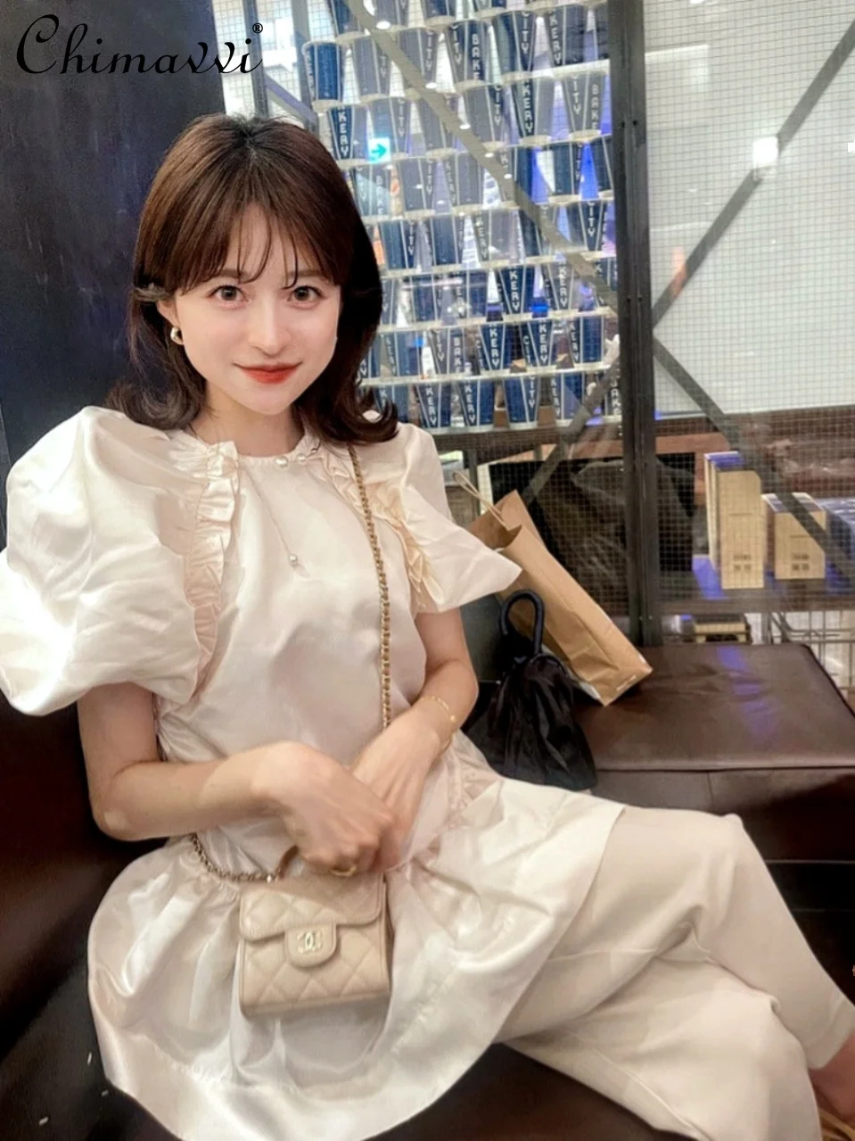 Japanese-Style Retro Puffy Puff Sleeve French Girl Glossy Ruffled Women Tops Summer Sweet Round Neck Loose Doll Shirts Blouse