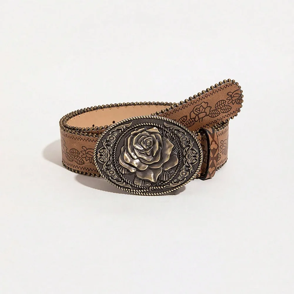 1 Piece Western Style Rose Shaped Buckle Printed Women's Waist Belt