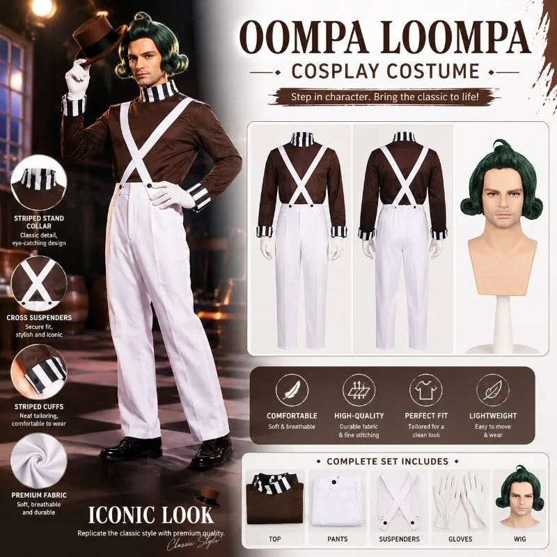 Disfraz de Oompa Loompa para Adultos, Inspirado en la Película, Traje de Trabajador de la Fábrica de Chocolate para Halloween, Carnaval y Fiestas