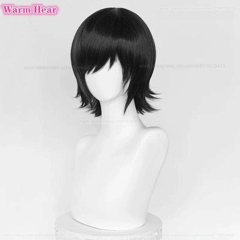 Cabelo preto fofo em camadas com máscara para os olhos, peruca cosplay himeno, curta anime, resistente ao calor, perucas de festa, boné, 35cm