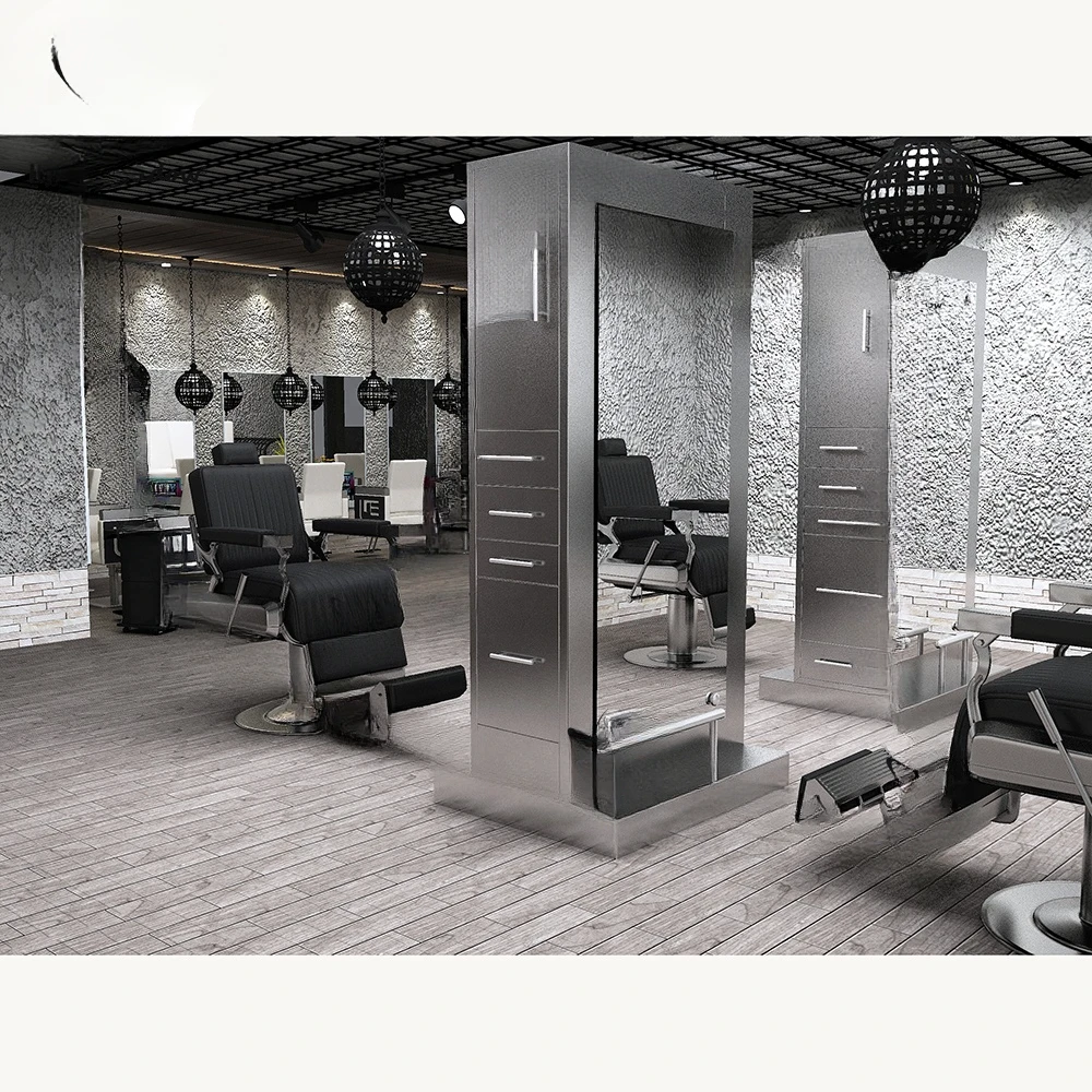 

Barber stations furniture double sided salon styling stations stainless steel salon mirror with large storage