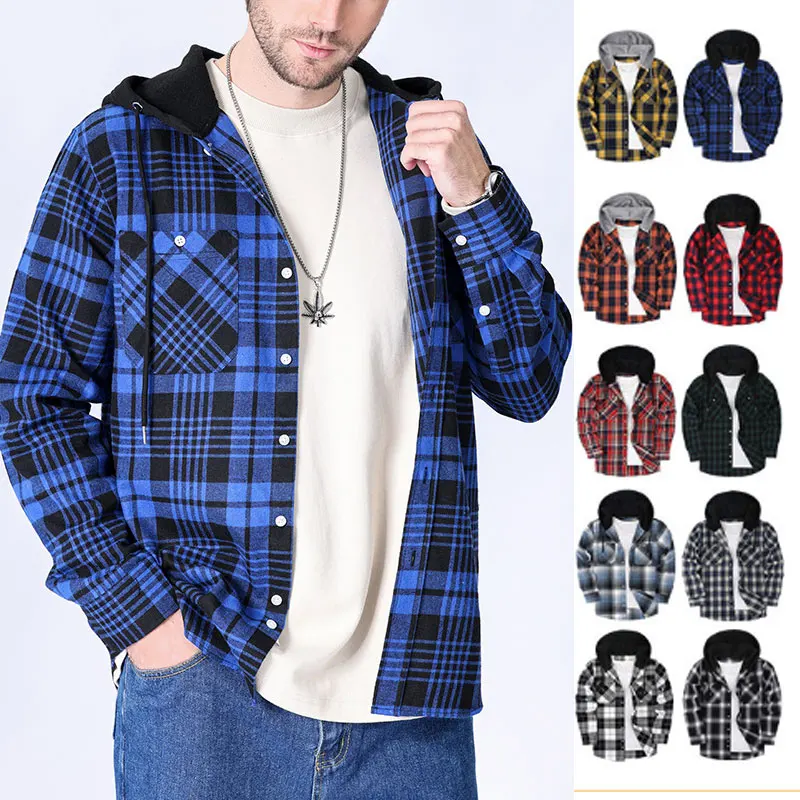 American size new men\'s long-sleeved shirt fashion Spring casual hooded high quality no-iron plaid coat ground flannel