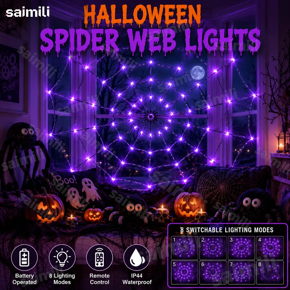 Battery Halloween Spider Web LED Lights 8 Lighting Modes Spooky Net Lamp For Home Holiday Party Hanging Atmosphere Ornament