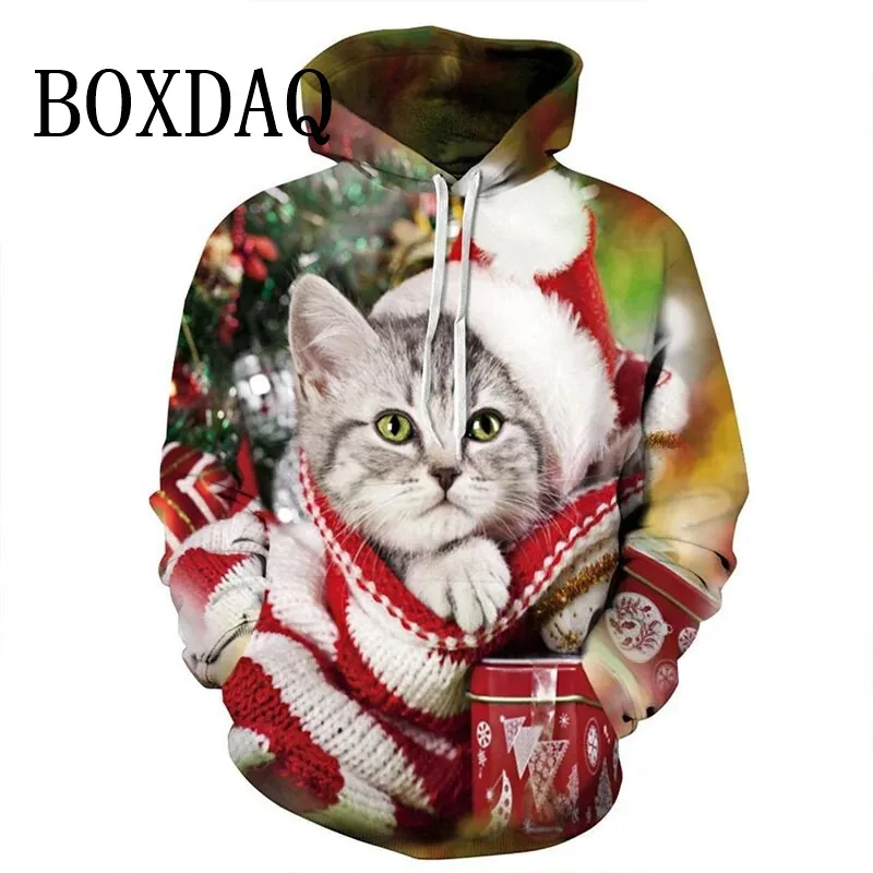 Christmas Cute Cat Women Hoodies 3D Printed Winter Hooded Hip Hop Casual Sweatshirts Hoodie Tops Fashion Loose Pockets New 2025