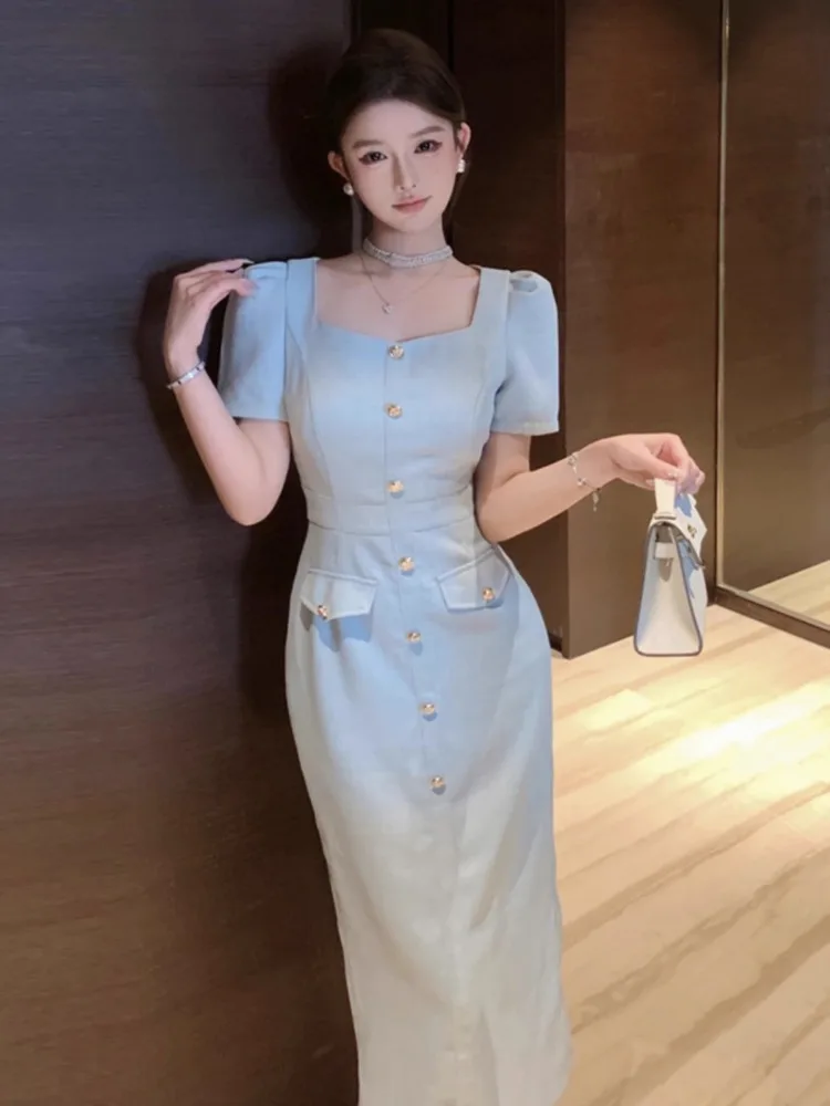 Topenomi French Elegant Evening Dresses Women Square Collar Short Sleeve High Waist Metal Button Long Banquet Party Dress Robe