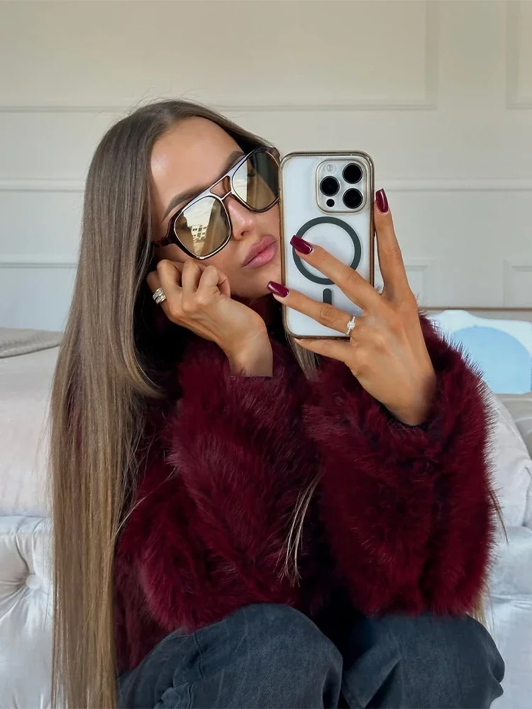 Wine Red Faux Fur Coat Women Fashion Lapel Long Sleeve Single Breasted Short Jackets 2025 Autumn Winter Lady Street Outwear