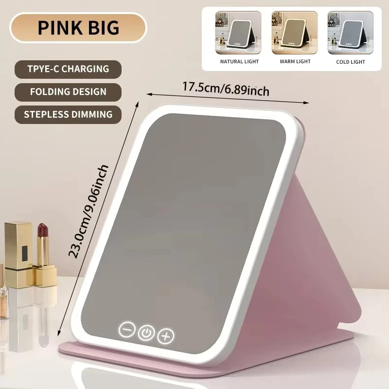 GGbingo 3 kleuren dimbare LED make-up spiegel met touchscreen, opvouwbare cosmetische make-up spiegel, oplaadbaar, tafelmodel voor reizen & thuis