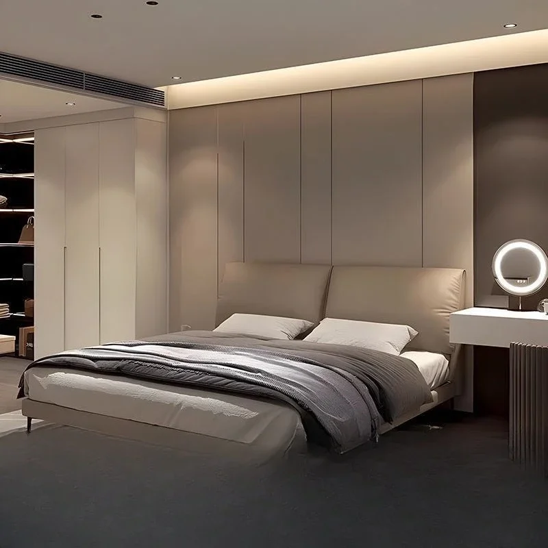 Italian minimalist, leather bed, master bedroom, wedding bed, sensor light, suspension
