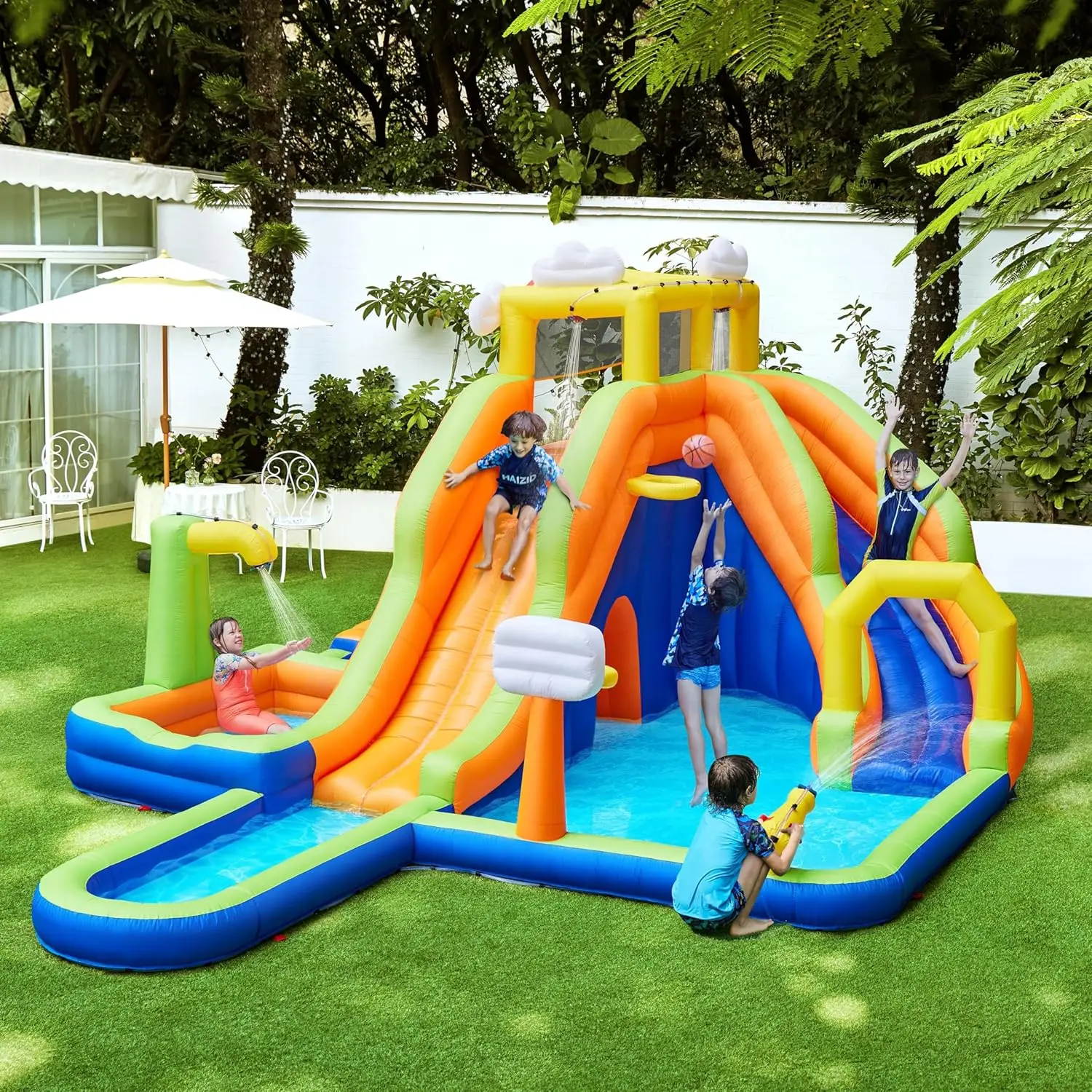 Inflatable Water Slide, 10-in-1 Rainbow & Clouds Style Water Slide Combo w/ 2 Pools & Large Climbing Wall & Tunnel, Double