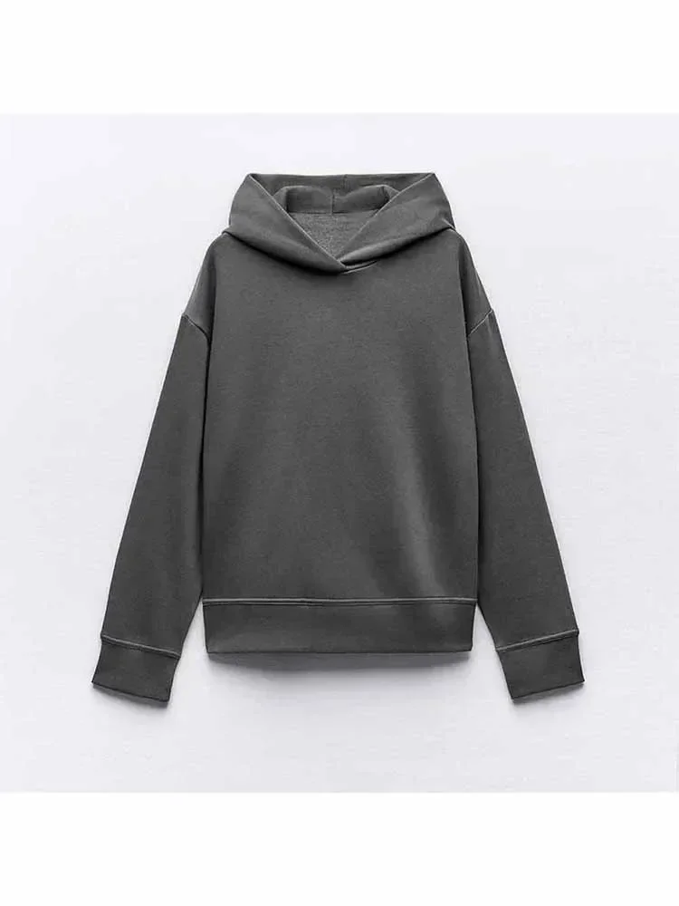 

Women 2023 New Fashion Solid Loose Casual Basic Hooded Sweatshirts Vintage Long Sleeve Female Pullovers Chic Tops