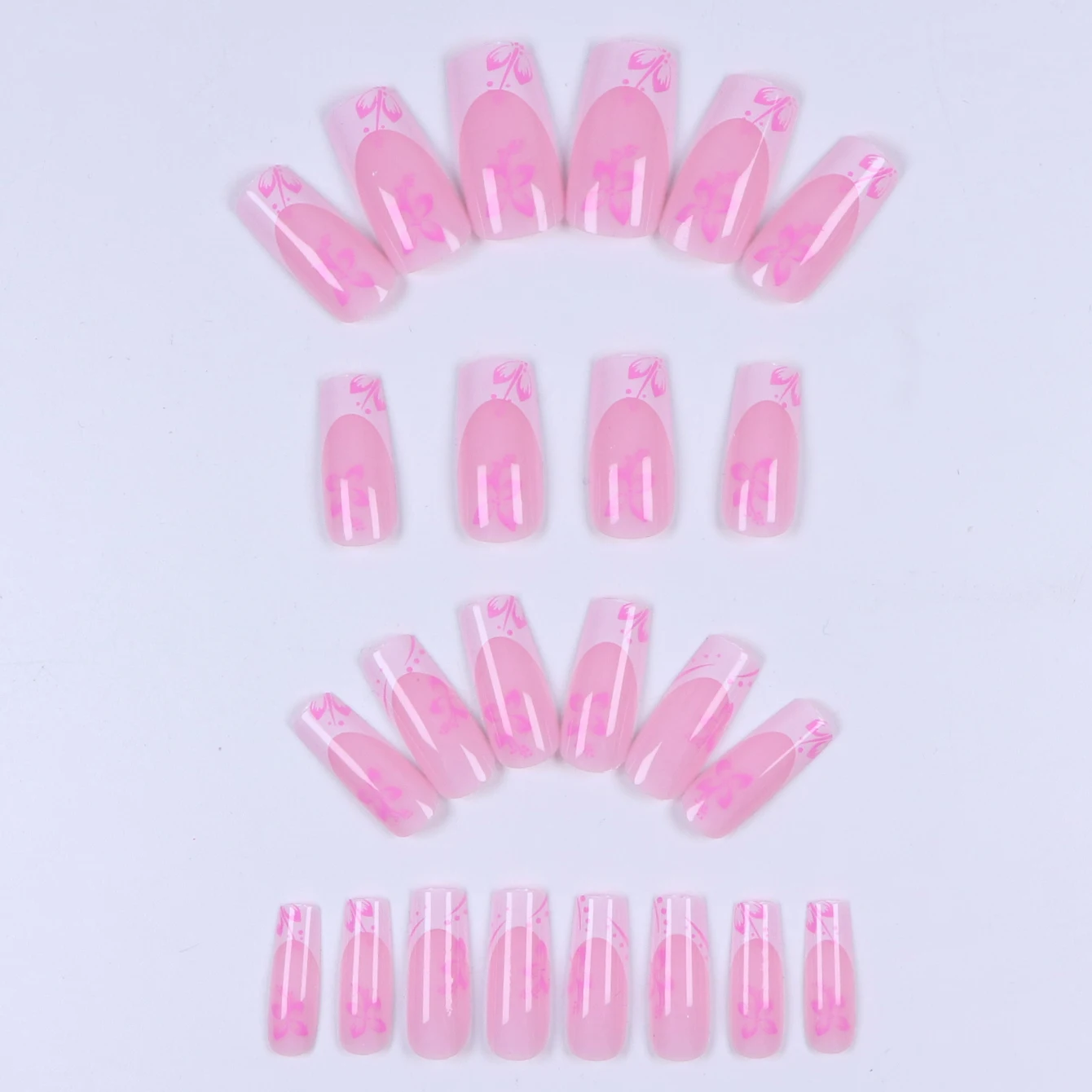 24pcs  Long Square flowery pattern  fake nails DetachableAnd Reusable Jelly Glue1pc Cuticle Pusher  Suitable For Girls And Women