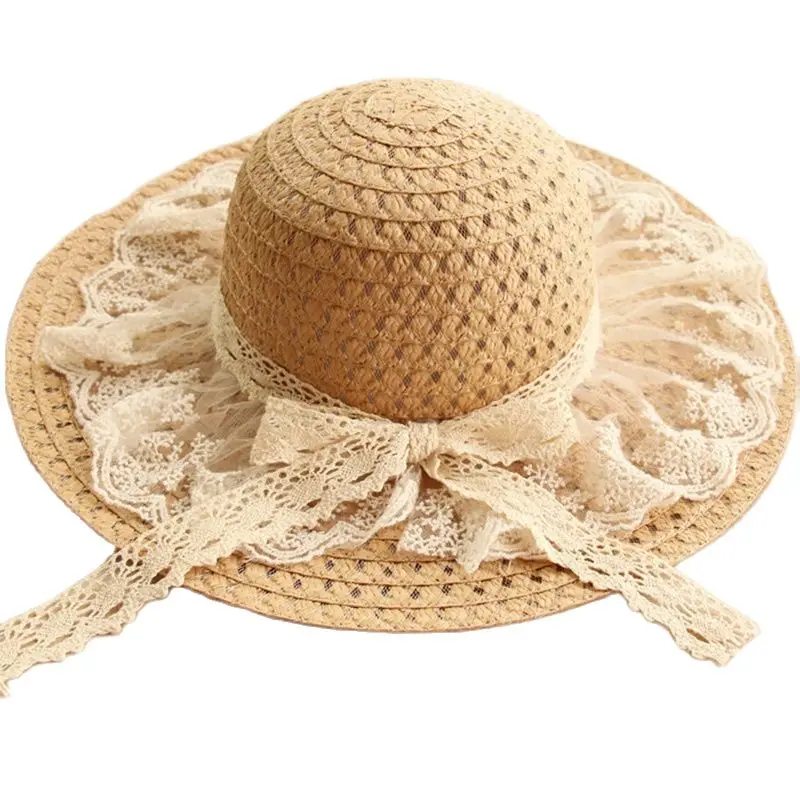 Women Lace Sun Hats For  Wide Brim Straw Beach Side Cap Floppy Female Straw Hat Lace Solid Fringe Straw Hat Summer Hat Chapeu