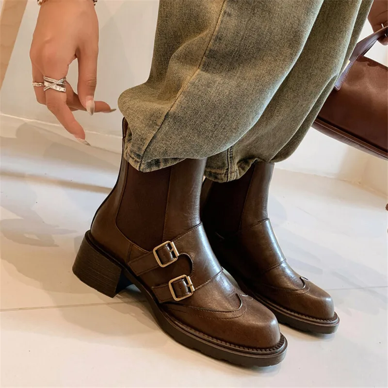 New Autumn Winter Split Leather Women Boots Chelsea Boots for Women Belt Buckle Round Toe Chunky Heel Ladies Shoes Zapatos Mujer