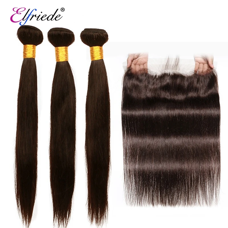 Elfriede #2 Dark Brown Colored Straight Hair Bundles with Frontal 100% Human Hair Sew-in Wefts 3 Bundles with Lace Frontal 13x4