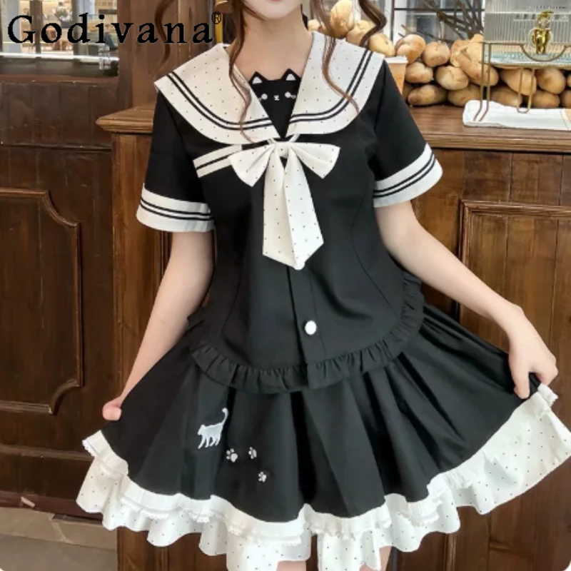 

Spring Summer New Lolita Sweet Navy Collar Long Short Sleeve Shirt Fashion Girl Versatile Age Reduction Pleated Cake Skirt Sets