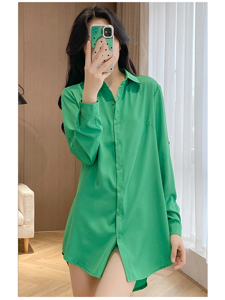 

Women's Loose Sexy Fashionable White Shirt 2025 Summer Season Polyester Fiber Long Sleeve Button Detail Collar Mid-Length