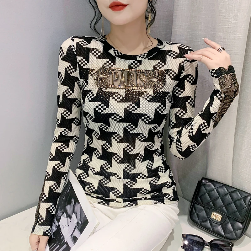 

New 2022 Hand Made T-Shirt Diamonds Women Houndstooth Print Drilling Shiny "PARIS" Transparent Slim Tops Long Sleeve Casual 9910