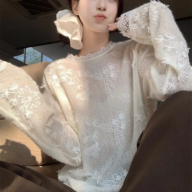 

French Lace Crochet Long Sleeved Knitted Sweater with Loose Pullover Design Thin White Top
