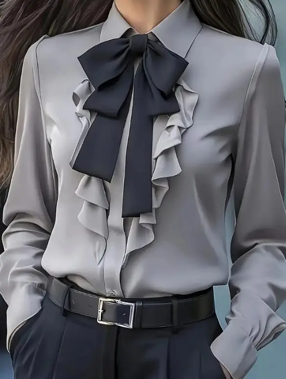 

Autumn Solid Color Lace Up Bow Ruffle Design Shirt with Elegant and Fashionable Women's Temperament Commuting Long Sleeved Shirt