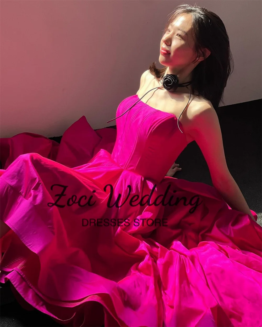 Zoci gorący różowy krótki Korea linia suknie ślubne gorset bez ramiączek wydajność suknia wieczorowa dostosowana suknia ślubna do sesji zdjęciowej