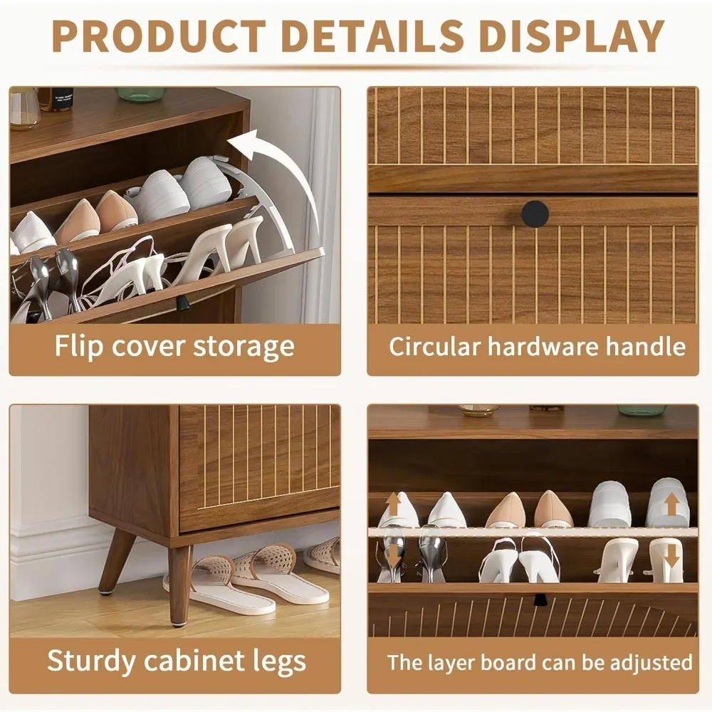

Entrance Shoe Cabinet with 4 Flip Drawers, Narrow Shoe Cabinet with Slotted Board, Independent Wooden Hidden Shoes