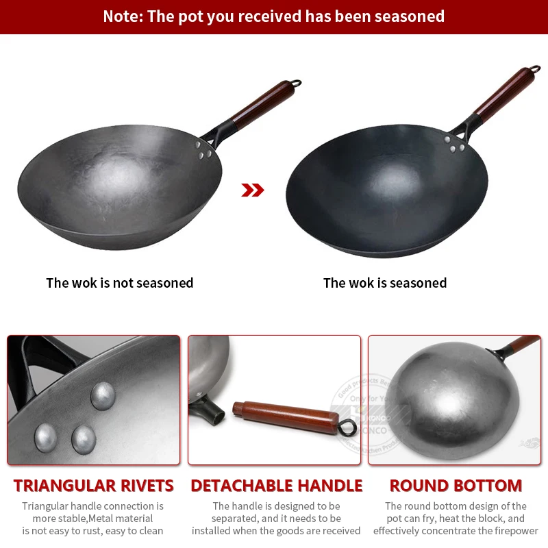 Traditional Iron Wok,Hand Hammered Iron Pans Stir Fry Pans Non-coating Woks For Kitchen Pan Wooden Handle Wok Gas Pot Cookware