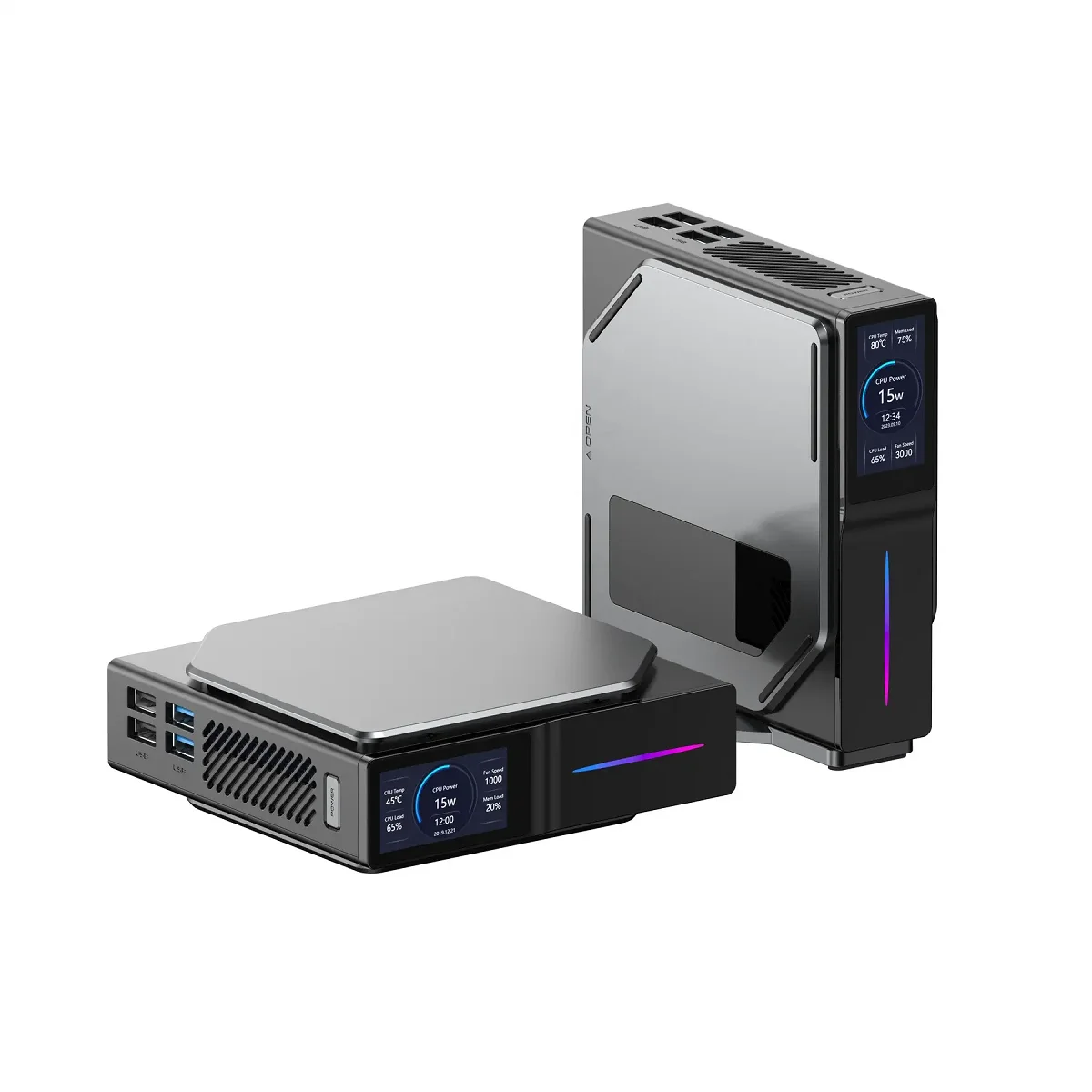 RGB Mini PC with Screen Intel Alder Lake-N100 16GB DDR4 512GB SSD Vertical Computer for Home/Office - LCD Screen
