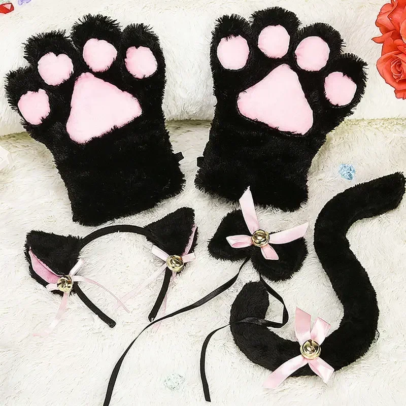 1 Set Cute Cat Ear Hair Wear Claw Gloves Girls Anime Cosplay Costume Plush Bell Cat Fur Ear Hairband Night Party Club Headbands