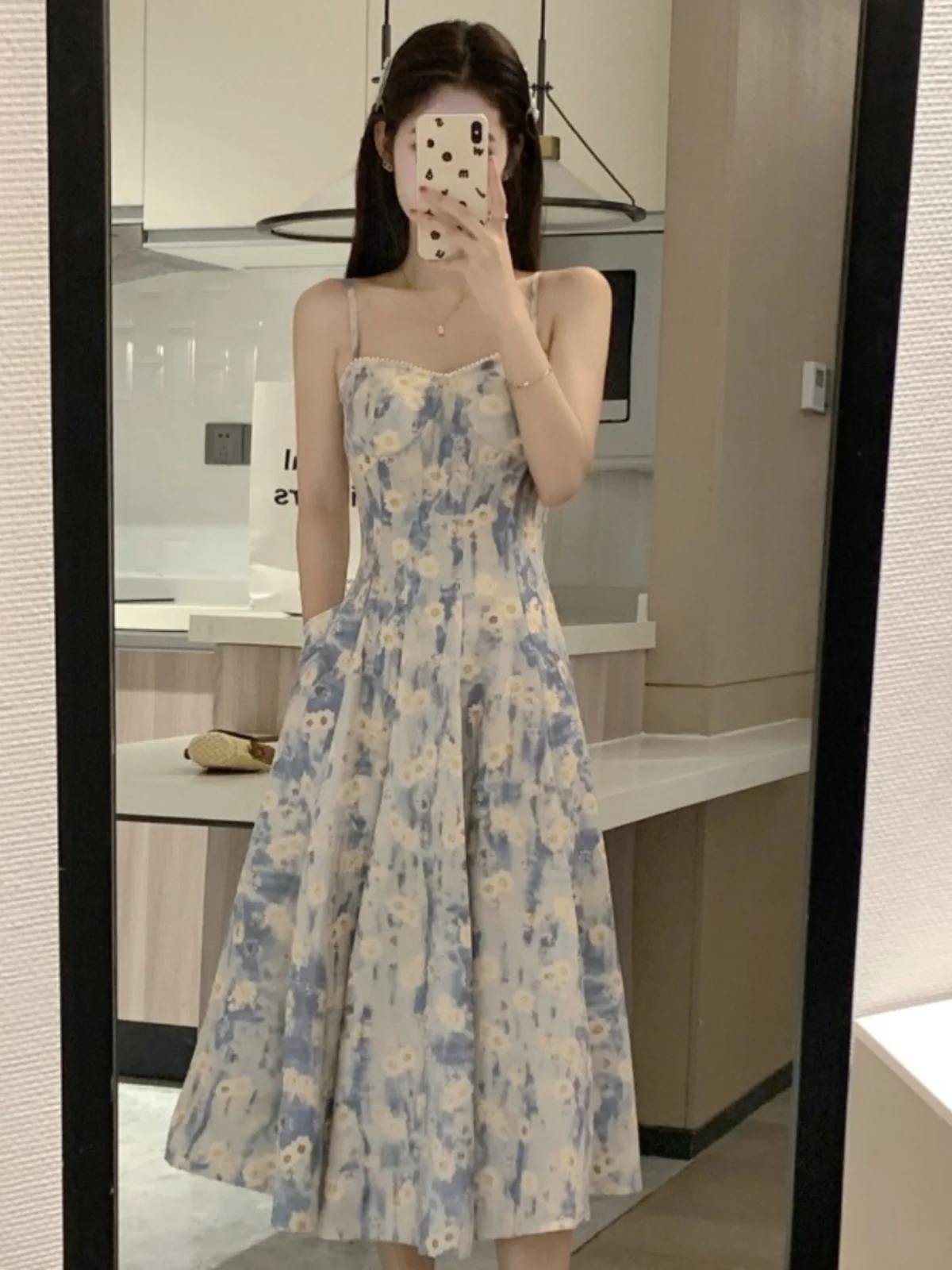 2024 Summer Blue Oil Painting Floral Print Beach Vaion Long Dr Women's Strapl High Waist A-Line Midi Skirt Set